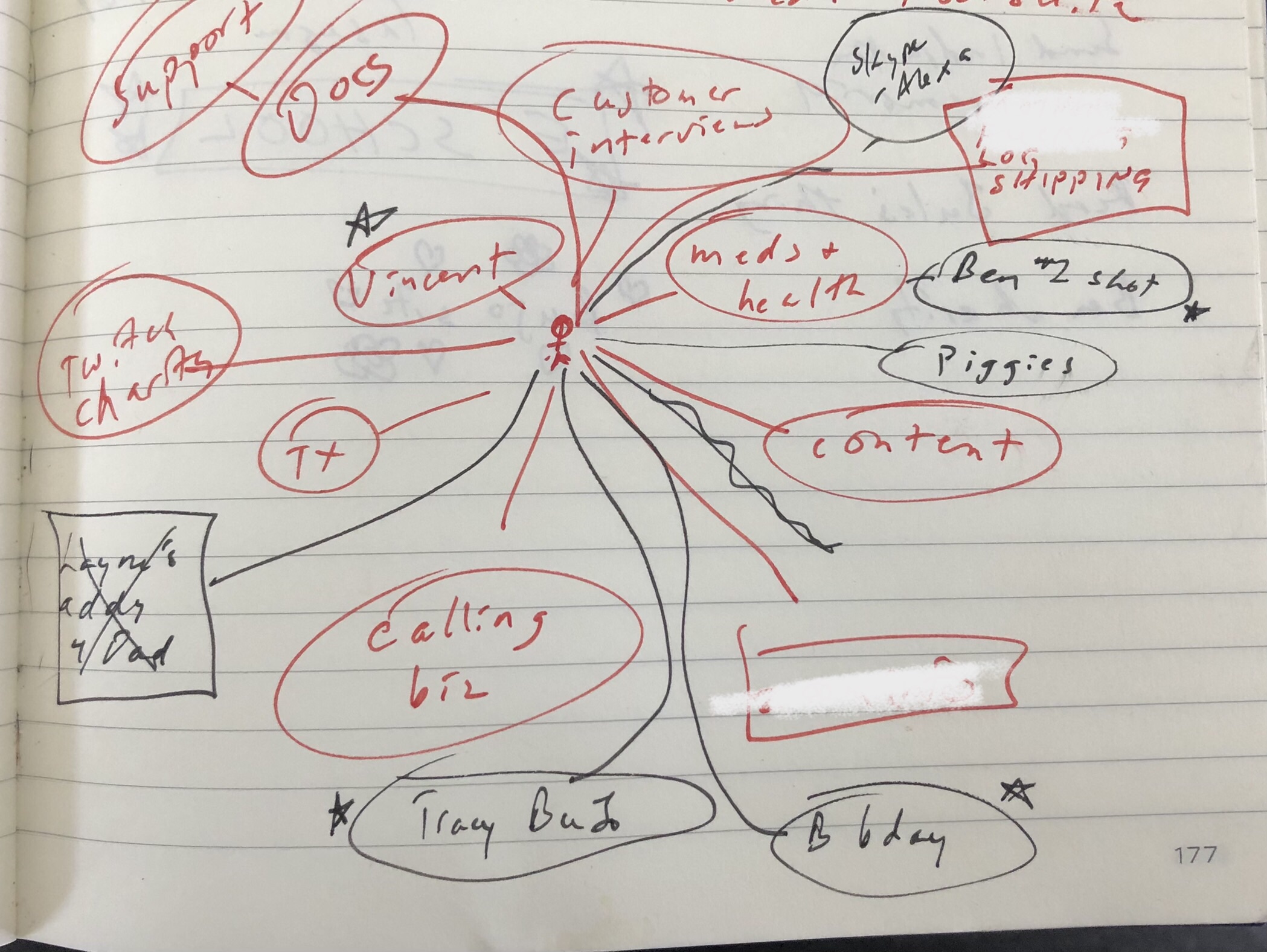 Photo of a hand drawn mind map: tiny stick figure drawn in red ink, surrounded by randomly sized/distributed "balloons", each with a small note in it (like "B bday" and "TX").